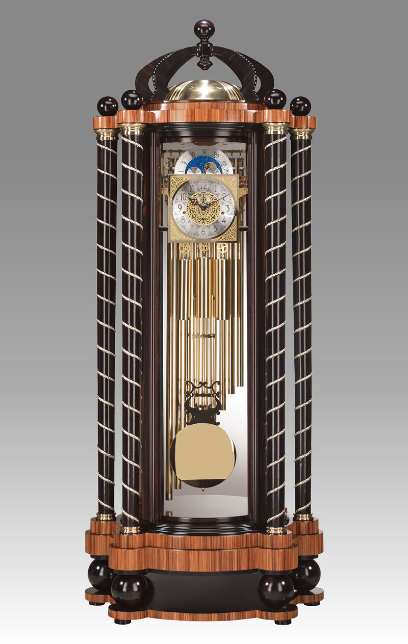 Curio Grandfather clock Art.560/1C Double face clock in Ebony and Zebrano, with crown with 174 Zironia Stone